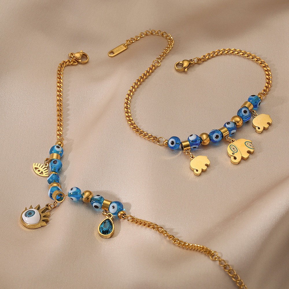 A new cross-border, niche and unique beaded devil's eye elephant pendant titanium steel bracelet for women on Instagram details Picture