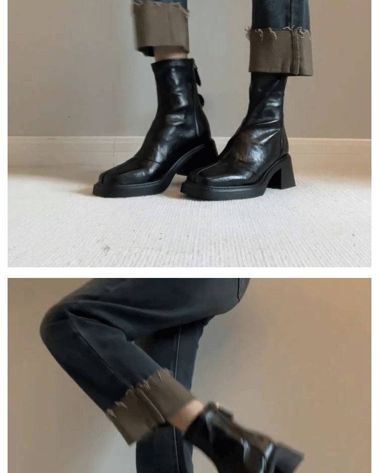 真皮方头后拉链马丁靴女2025新款春秋复古通勤粗跟瘦瘦靴高跟短靴详情7