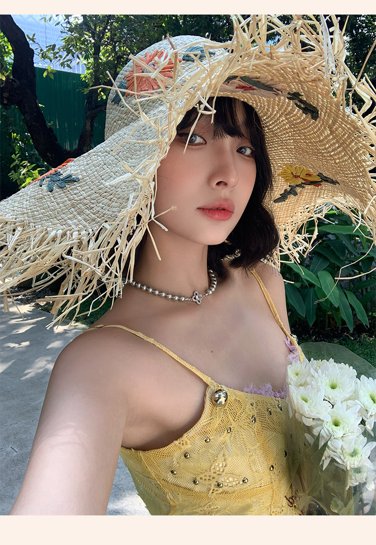 法式拉菲草花朵草帽女夏季沙滩海边编织大帽檐太阳帽子遮阳防晒帽详情7