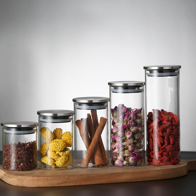 Glass storage jars, heat-resistant tea cans, sealed jars for grains and snacks, stainless steel LIDS, transparent straight glass bottles, kitchen details Picture
