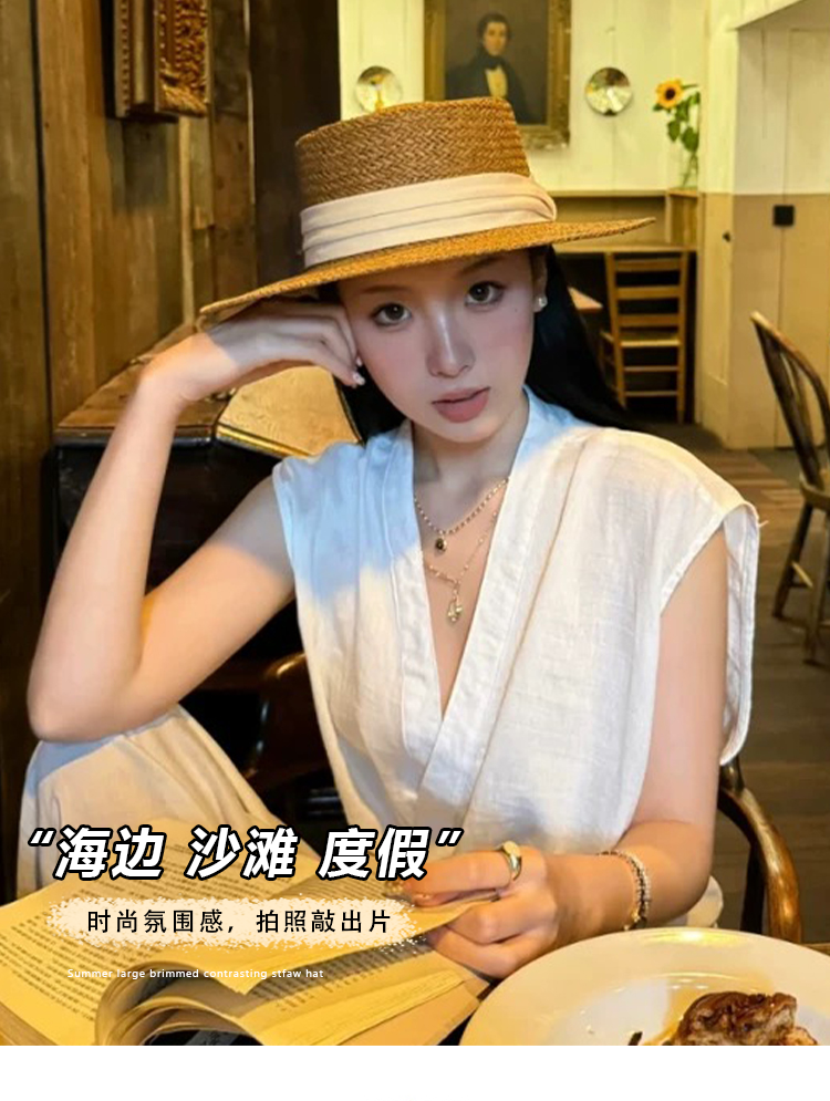 Old Qian style retro flat-topped straw hat for women, summer beach sun hat, sun protection hat, straw woven top hat pic 1