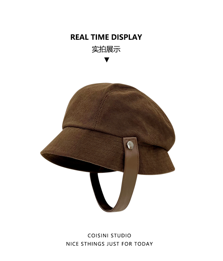 高品质灯芯绒渔夫帽子女秋冬季新款休闲百搭显脸小一帽多戴小礼帽详情30