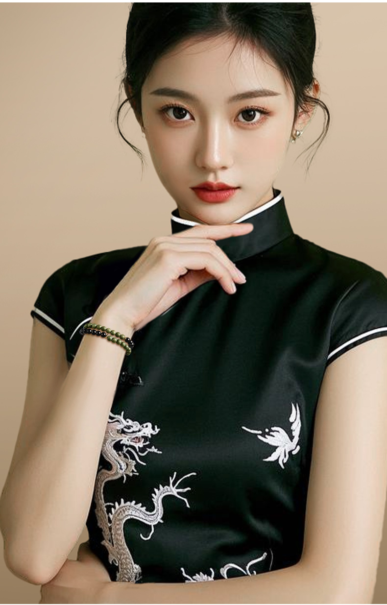 天然绿檀木双圈手串男女款黑曜石檀香木质佛念珠复古盘玩手链礼物详情2