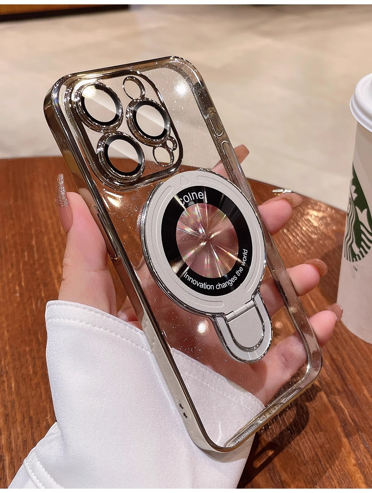 Fulcrum electroplated starry sky glitter is suitable for iPhone16 phone cases, magnetic stand, and transparent full hard cover for iPhone 15 pic 24