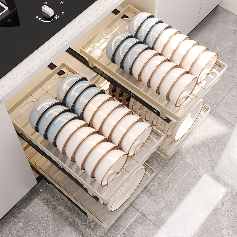 Kitchen dish rack, draining rack, built-in drawer-type dish and plate storage rack in the overall kitchen cabinet, non-drilling pull-out basket storage layer rack Specification image