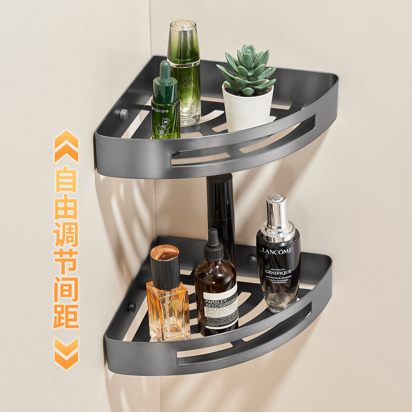 Wire drawing gun gray bathroom triangular frame, 304 stainless steel non-drilling bathroom storage corner frame, shower room corner frame Application Scenario