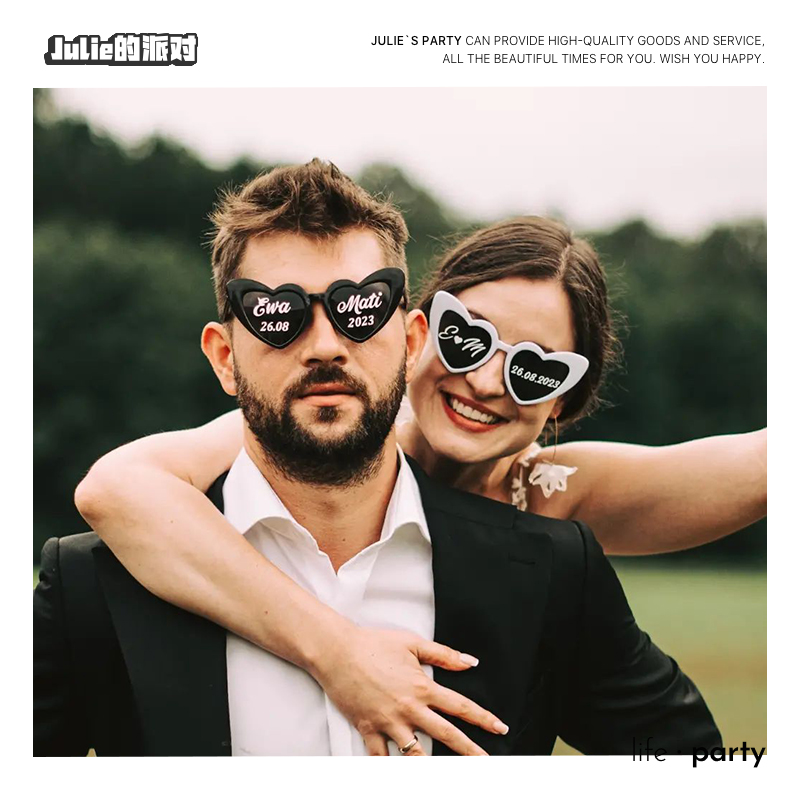 Customized Wedding Heart-Shaped Sunglasses, Text Wedding Funny Glasses, Birthday Couple Wedding Photos, Party Photo Props details Picture