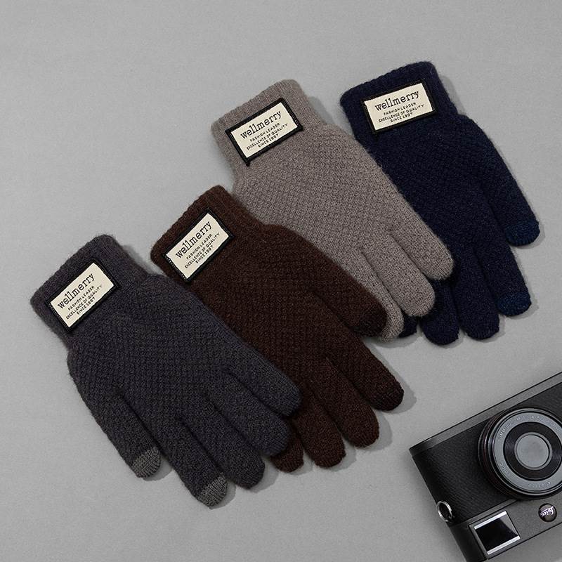 Autumn and winter warm gloves for men: Loose, large-sized woolen knitted gloves with fleece touch screen cold-proof cycling gloves