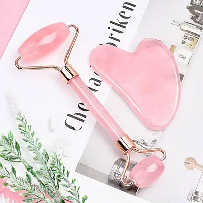 Rose crystal jade double-head roller massager heart-shaped facial and eye massage gua sha combination set thumbnail
