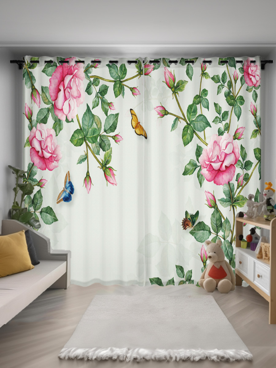 北欧现代小清新绿色植物花卉窗帘儿童卧室客厅飘窗免打孔绍兴柯桥