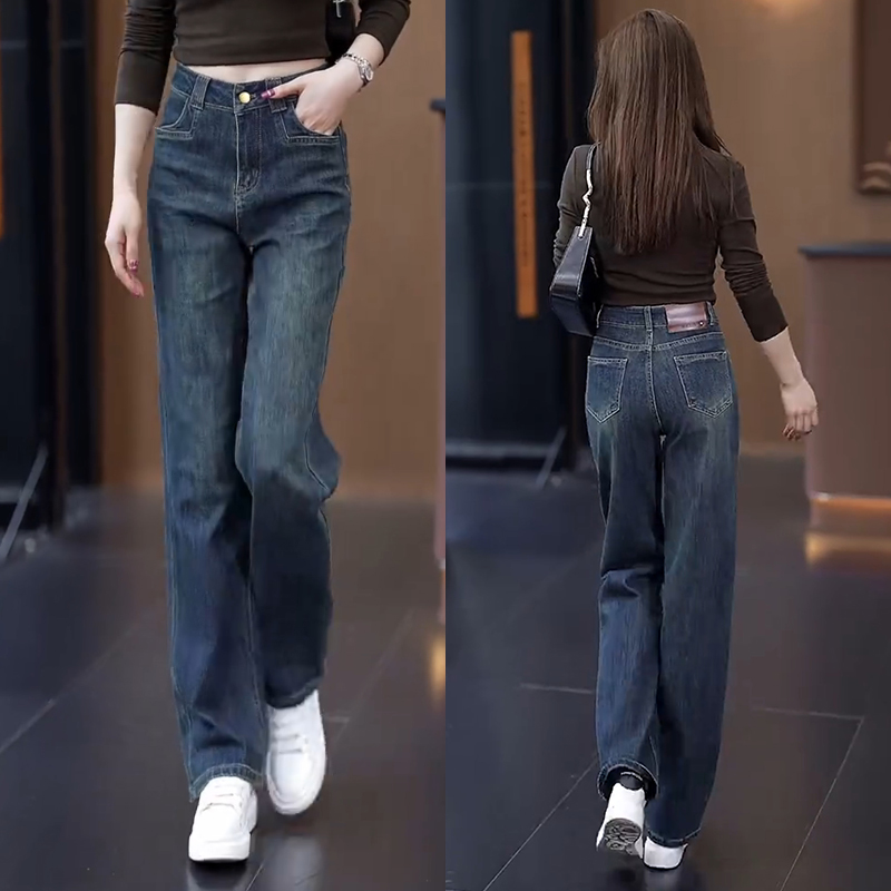 慵懒松弛感牛仔裤宽松阔腿裤女春秋季裤子2024新款大码高腰直筒裤