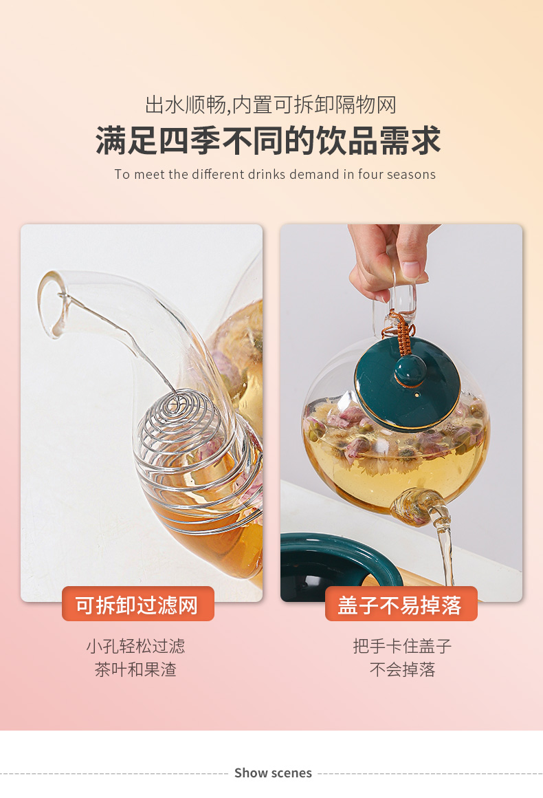 9WOR heat-resistant glass flower teapot set, afternoon tea, fruit tea, herbal tea, tea set with filter, included candles for heat preservation pic 8