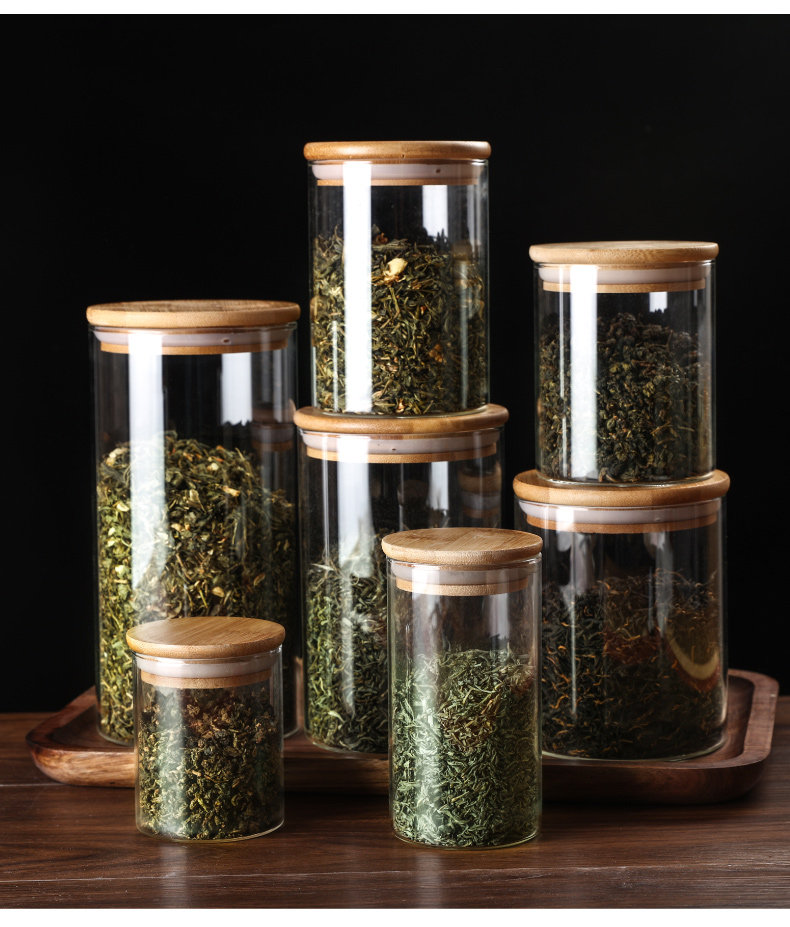 厂家批发高硼硅玻璃密封罐收纳瓶糖果储物罐直管茶叶罐竹盖茶叶罐详情8