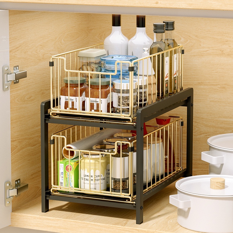 Double-layer pull-out storage rack under the kitchen sink, built-in cabinet layer rack, bathroom drawer organization rack Specification image