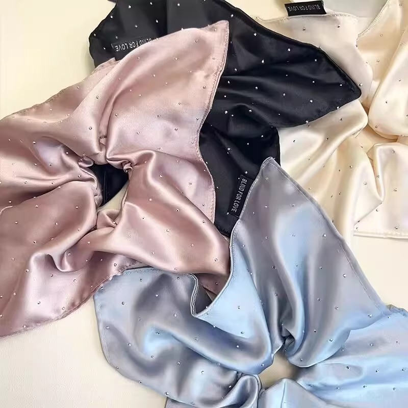 Korean-style full sky star satin square scarf, large intestinal hair band, solid color, elegant and high-end style, hair tie tied in a ponytail, versatile hair tie for girls Specification image