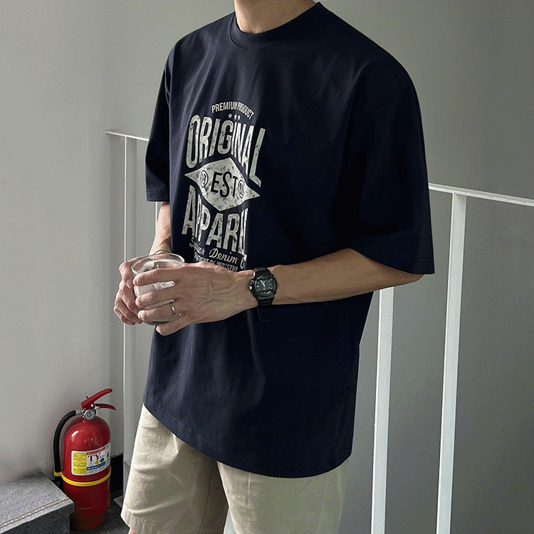 MYQ设计感印花短袖T恤男士夏季宽松纯棉半袖韩系通勤风圆领体恤详情2