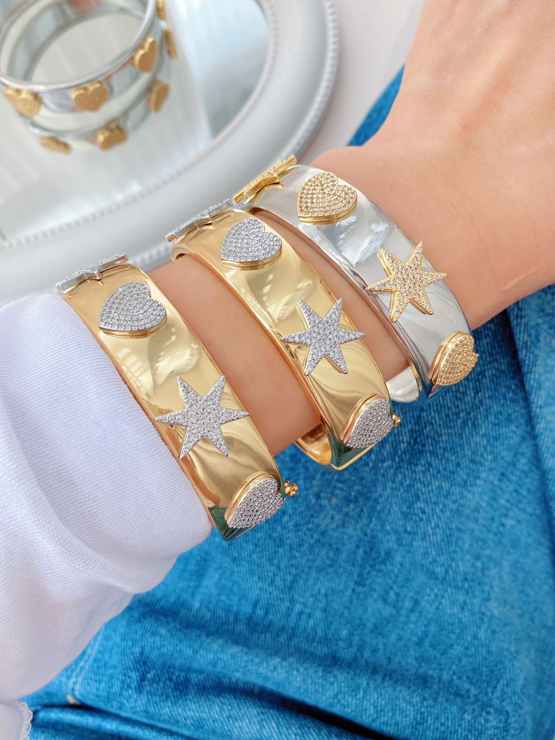 Wholesale of cross-border copper zircon hollow hexagonal star heart-shaped bracelets from Amazon in Europe and America with adjustable openings pic 4