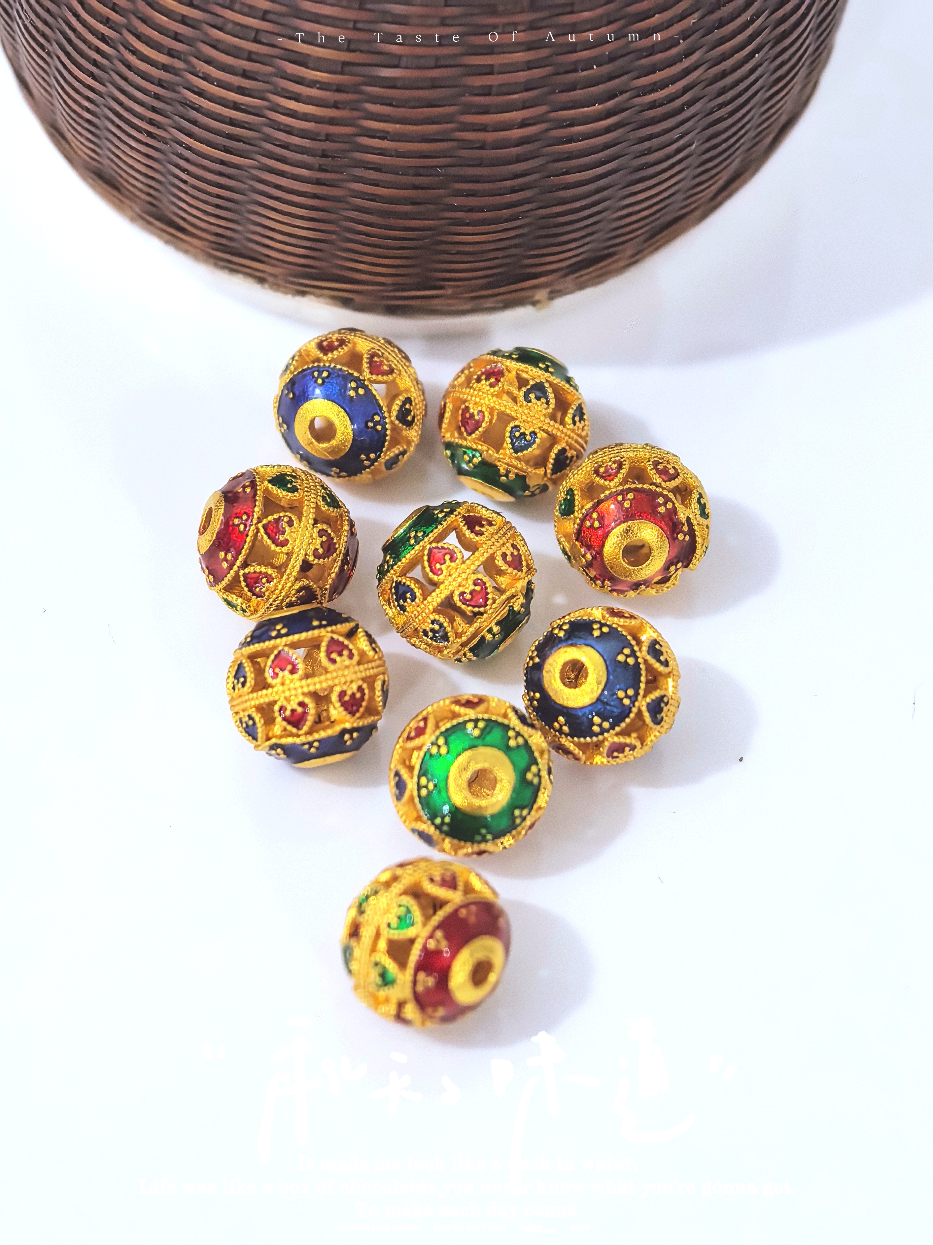 Ancient method sand gold good luck round bead enamel color firing blue oil drip separator bead DIY pic 2