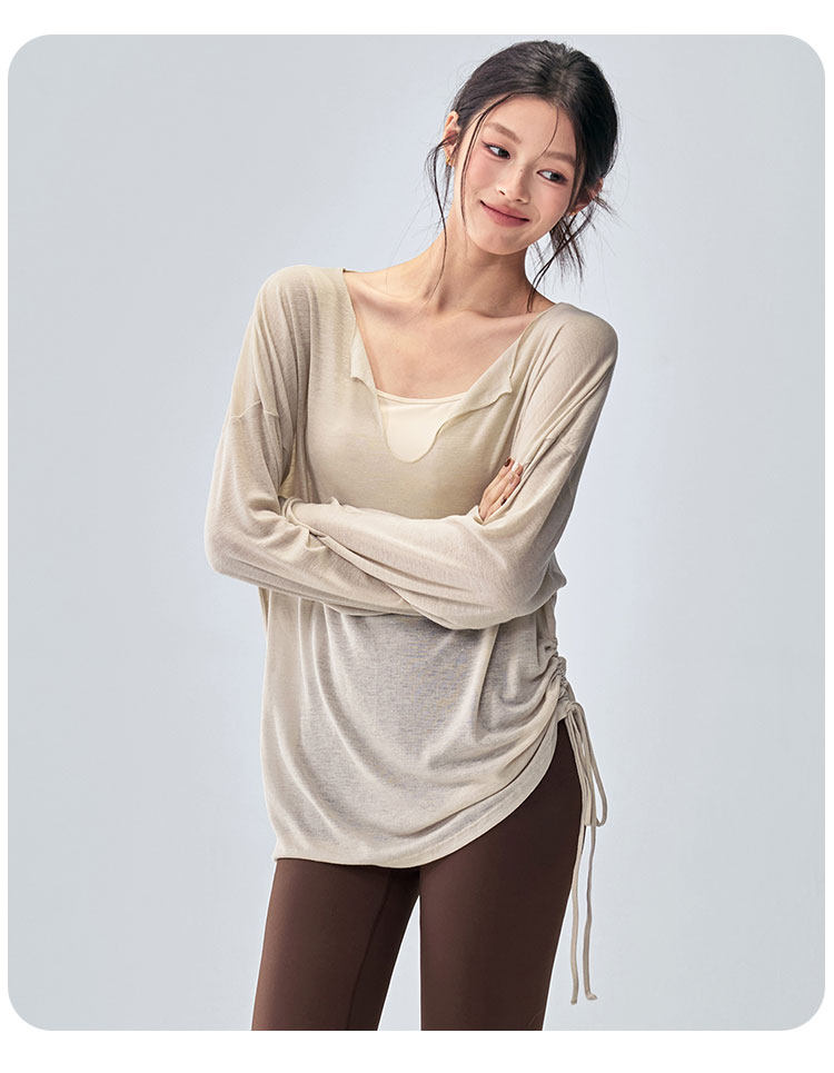 Loose yoga wear for fitness girls, casual and slimming solid-color smock, V-neck breathable long-sleeved Pilates training wear pic 13
