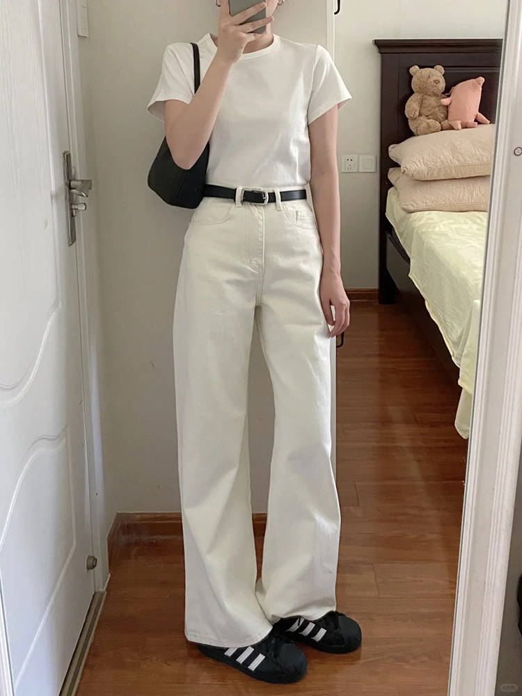 白色直筒牛仔裤女秋冬2025新款高腰显瘦小个子加绒宽松窄版阔腿裤详情1