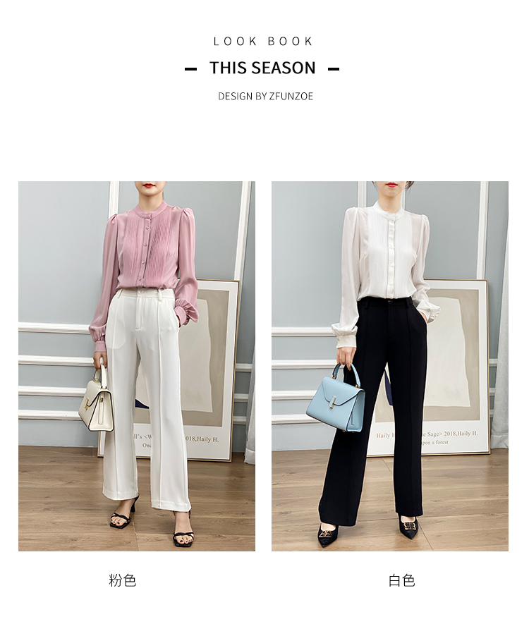 左左家 温柔气质重工风琴褶真丝衬衫女圆领气质灯笼袖桑蚕丝上衣详情3