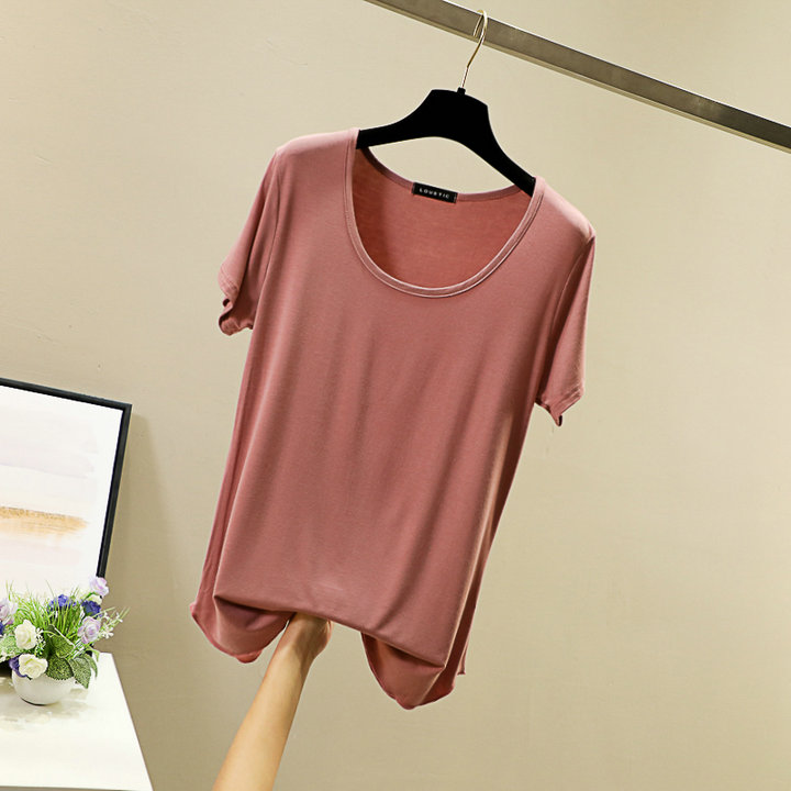 Spring and summer round-neck Korean-style candy-colored modal base layer, short-sleeved large U-neck top, loose basic T-shirt for women pic 32