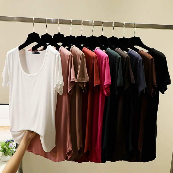 Spring and summer round-neck Korean-style candy-colored modal base layer, short-sleeved large U-neck top, loose basic T-shirt for women pic 8