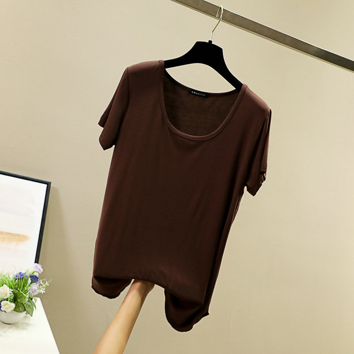 Spring and summer round-neck Korean-style candy-colored modal base layer, short-sleeved large U-neck top, loose basic T-shirt for women pic 26