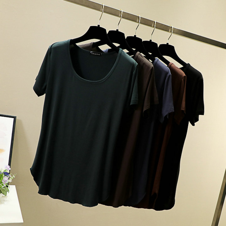 Spring and summer round-neck Korean-style candy-colored modal base layer, short-sleeved large U-neck top, loose basic T-shirt for women pic 13
