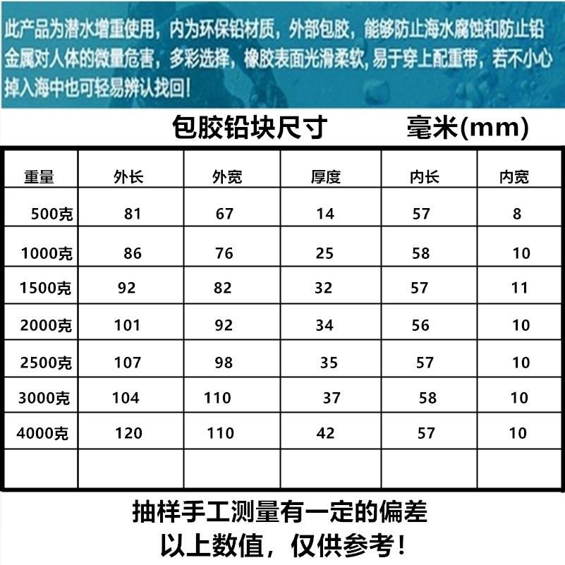 潜水铅块腰带铅块潜水铅块包塑胶配重快卸扣卡扣腰带500—4000克详情6