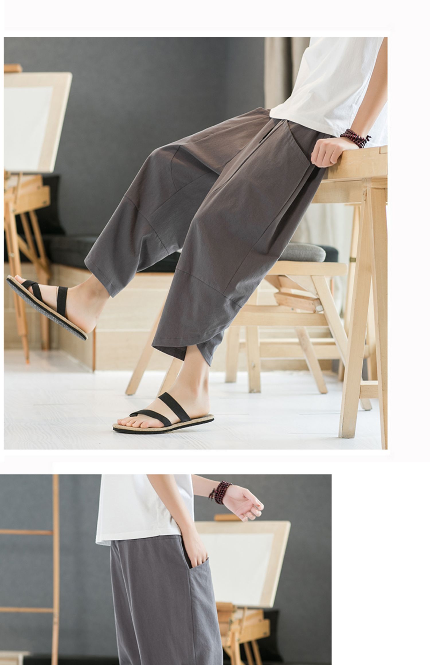 Aliexpress 2022 Summer New Style Chinese style simple solid color seven-inch wide-leg pants for men, beach pants, casual pants for men pic 39