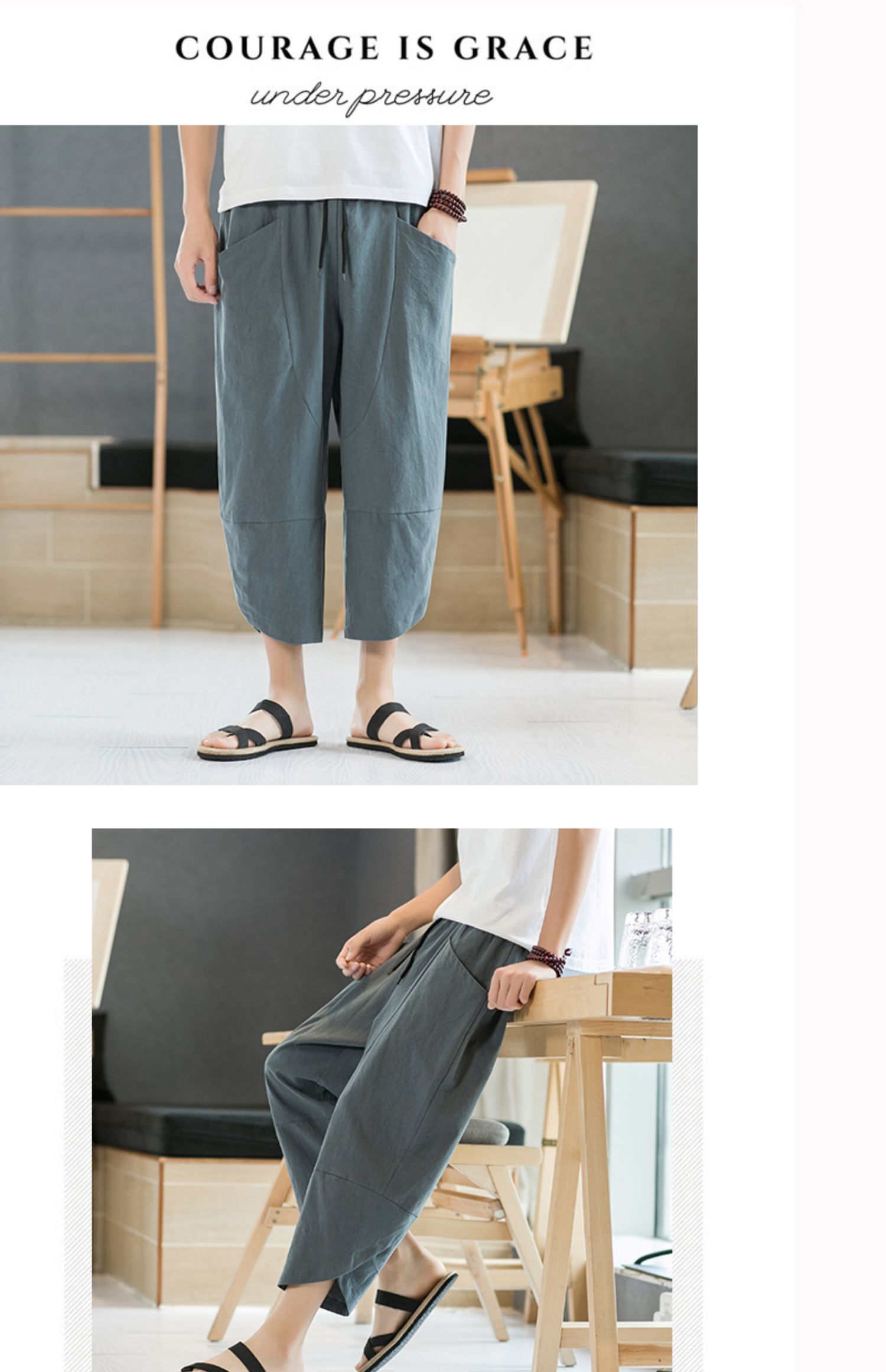 Aliexpress 2022 Summer New Style Chinese style simple solid color seven-inch wide-leg pants for men, beach pants, casual pants for men pic 17