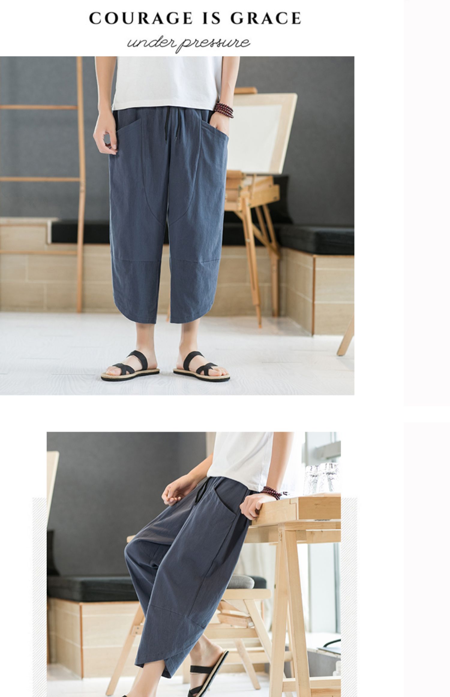 Aliexpress 2022 Summer New Style Chinese style simple solid color seven-inch wide-leg pants for men, beach pants, casual pants for men pic 9