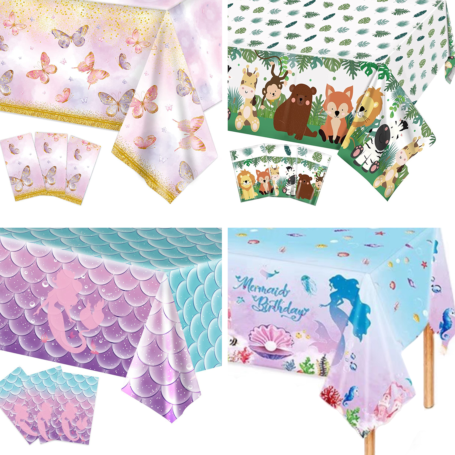 一次性桌布卡通动物蝴蝶美人鱼粉色鱼鳞生日派对野餐装饰防水台布