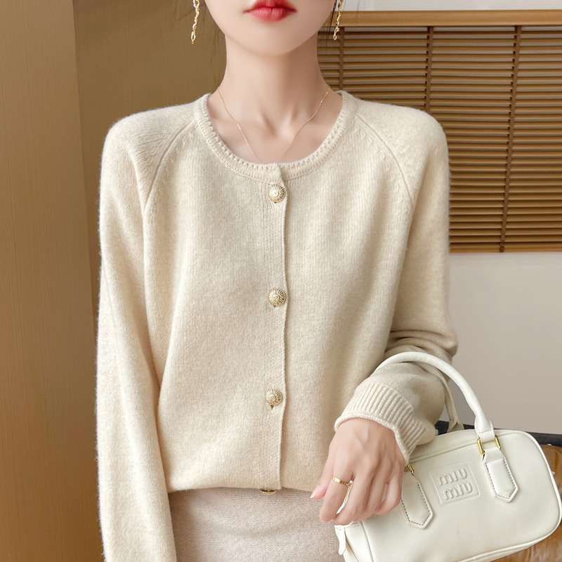 即穿即美！秋冬新款100%纯羊毛开衫针织女圆领宽松毛衣外套厚2025