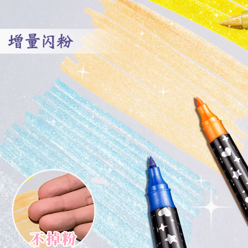 Liupintang's colorful glitter marker pens are luminous and shiny, with silver light that changes color. They are specially designed for making diaries, children's glitter pens, and metal outline double-headed glitter marker pens Specification image