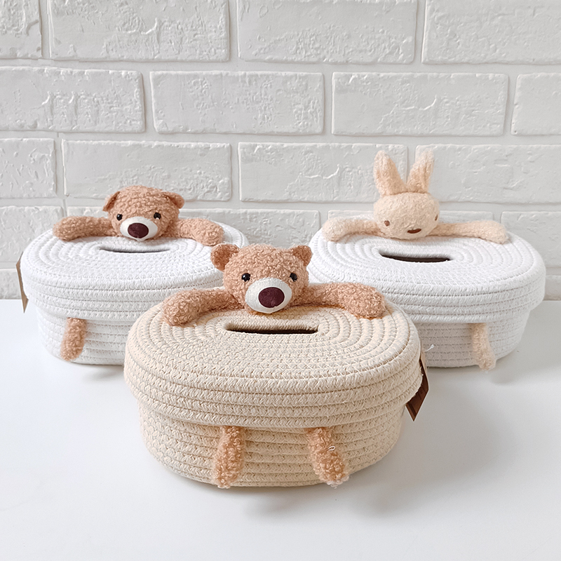 Creative cartoon Nordic-style rectangular cotton rope woven panda tissue box, home living room car tissue storage box details Picture