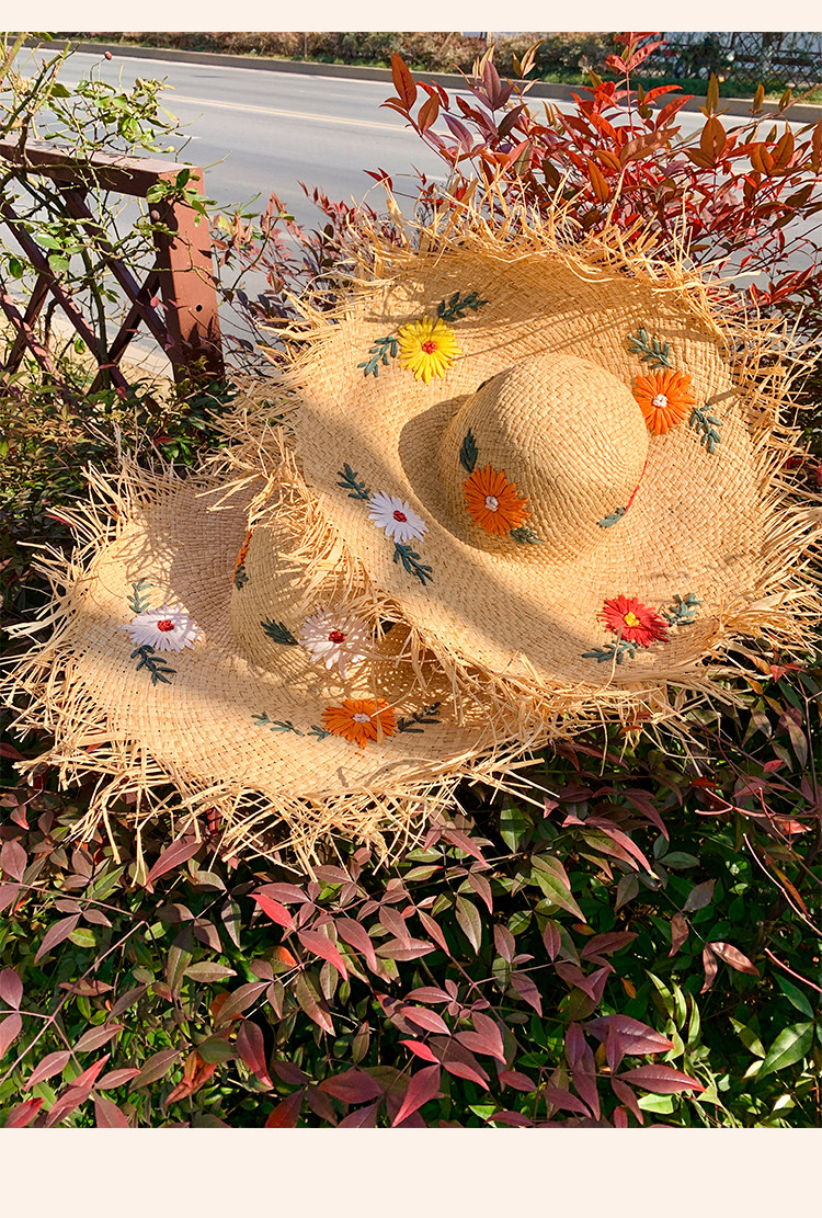 法式拉菲草花朵草帽女夏季沙滩海边编织大帽檐太阳帽子遮阳防晒帽详情10