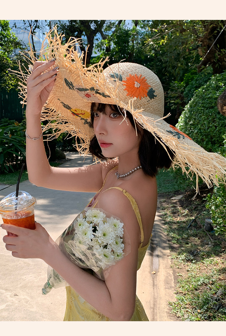 法式拉菲草花朵草帽女夏季沙滩海边编织大帽檐太阳帽子遮阳防晒帽详情8