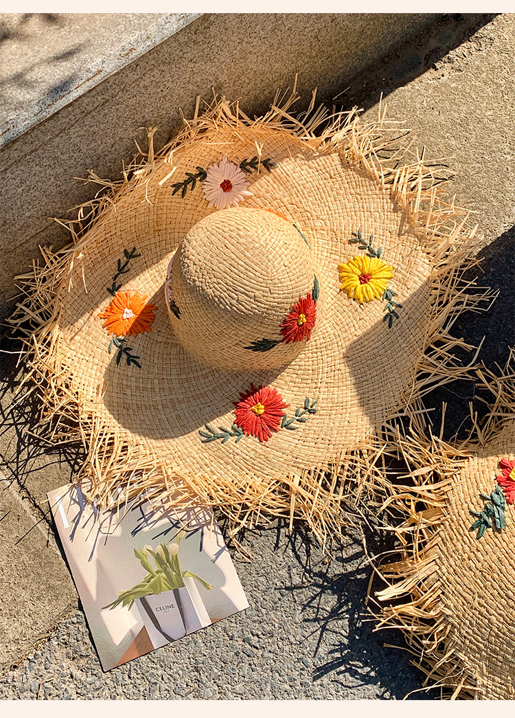 法式拉菲草花朵草帽女夏季沙滩海边编织大帽檐太阳帽子遮阳防晒帽详情11