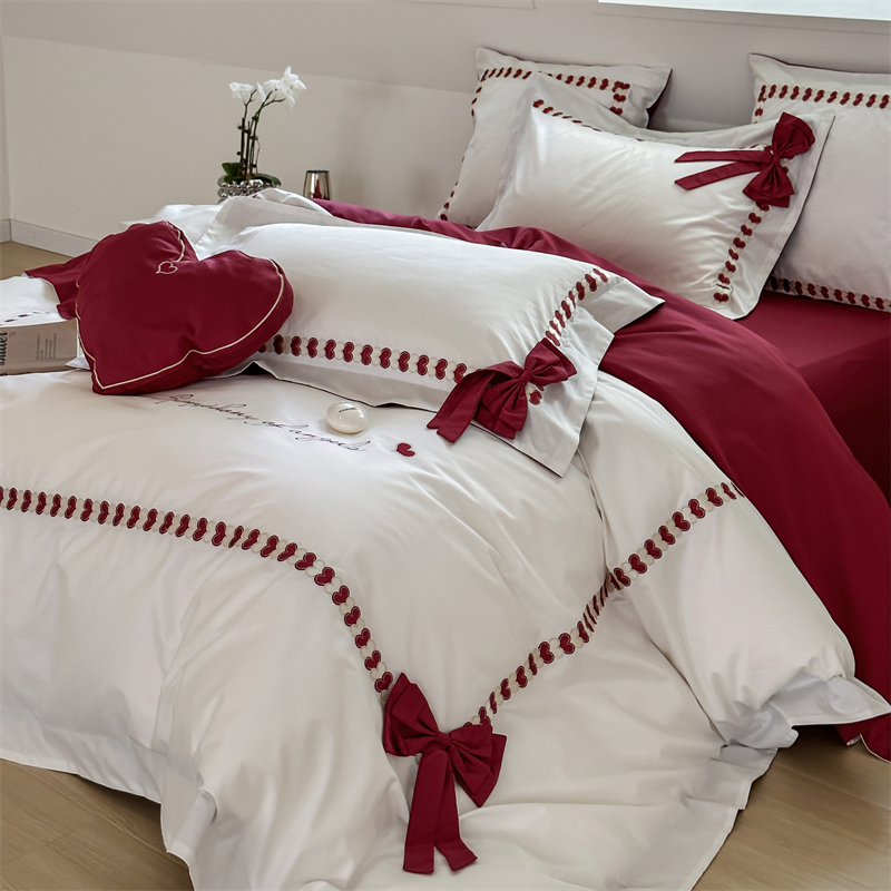 100 pieces of Australian cotton pure cotton four-piece set for wedding, girlish wedding heart, bow embroidery, all-cotton bedding pic 7