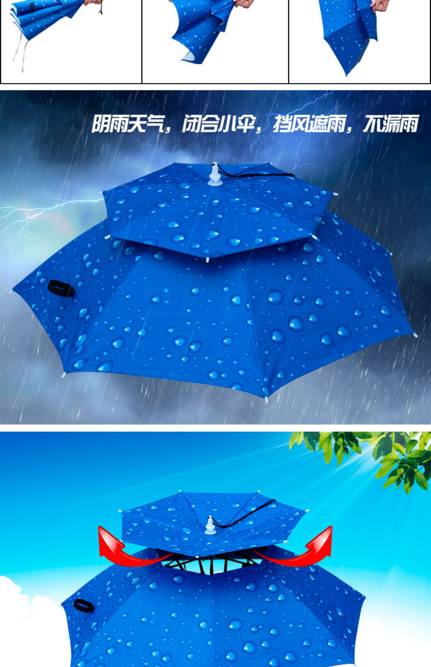 双层防风防雨钓鱼伞帽头戴式雨伞防晒折叠头顶雨伞帽户外遮阳垂钓详情45