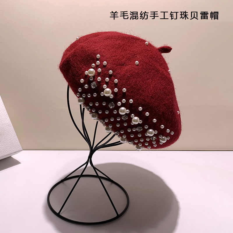 2025新款韩系贝雷帽女秋冬季小香风设计感钉珠显脸小羊毛呢蓓蕾帽