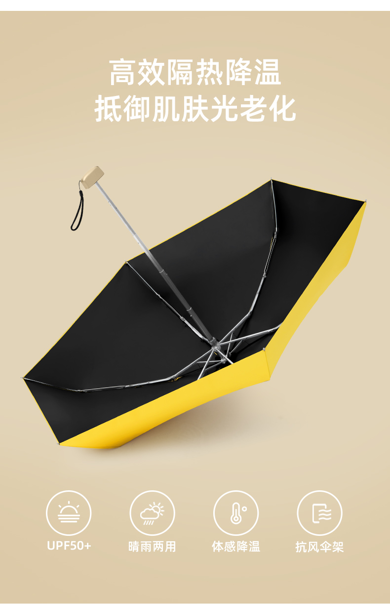 Compact and convenient umbrella for women, dual-purpose: sun protection, UV protection, and sunshade. Mini capsule, thickened with black vinyl pic 2