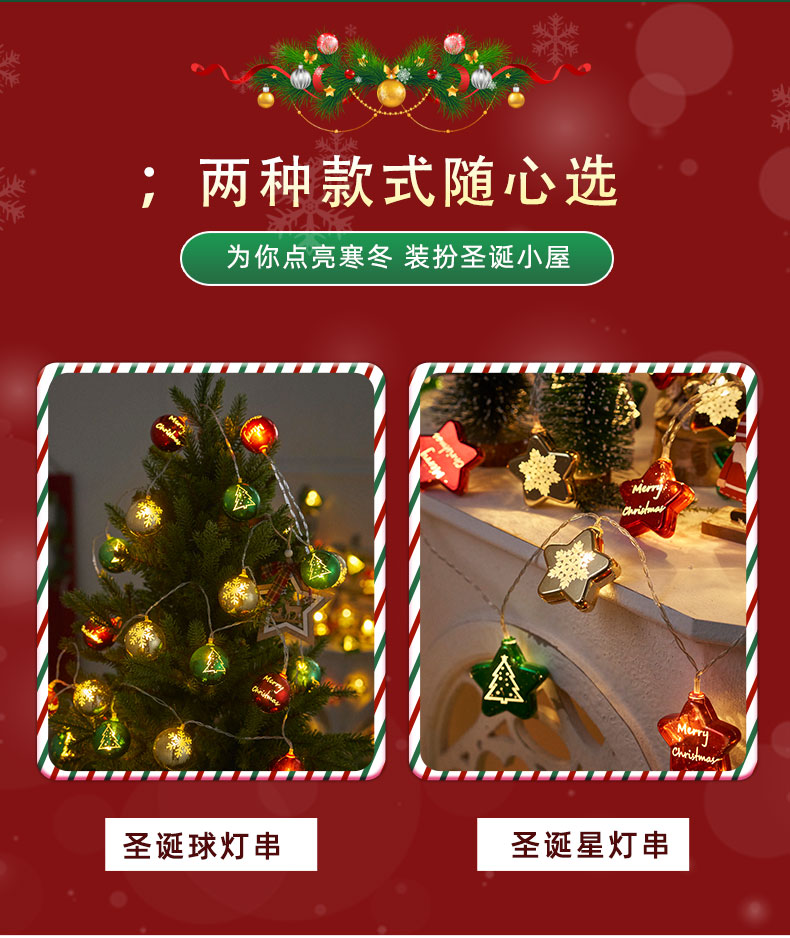 跨境圣诞元旦装饰灯橱窗客厅圣诞氛围布置挂件LED电镀球彩闪灯串详情3