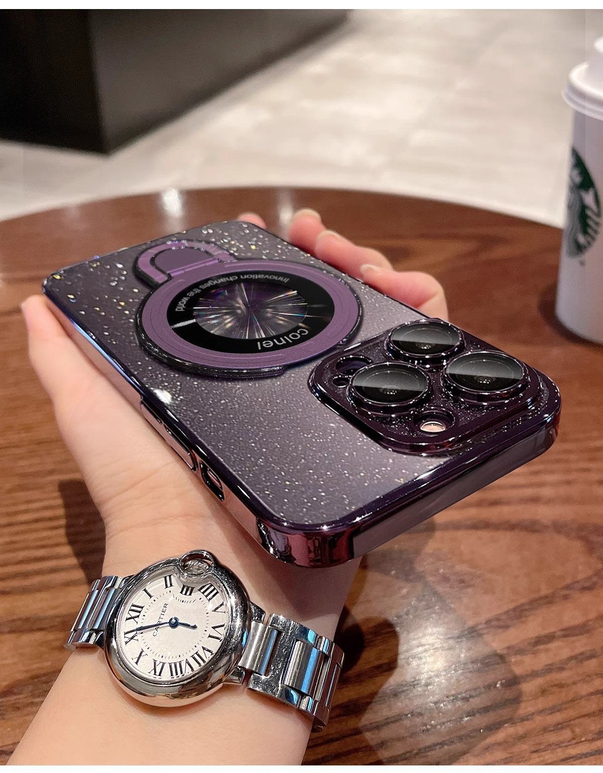 Fulcrum electroplated starry sky glitter is suitable for iPhone16 phone cases, magnetic stand, and transparent full hard cover for iPhone 15 pic 21