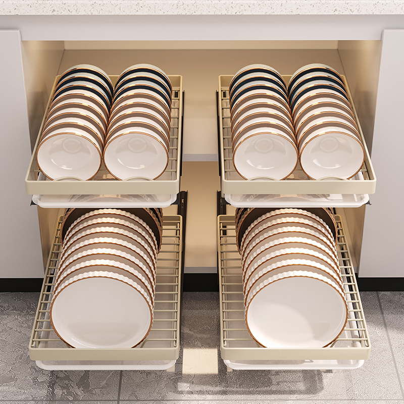 Kitchen dish rack, draining rack, built-in drawer-type dish and plate storage rack in the overall kitchen cabinet, non-drilling pull-out basket storage layer rack