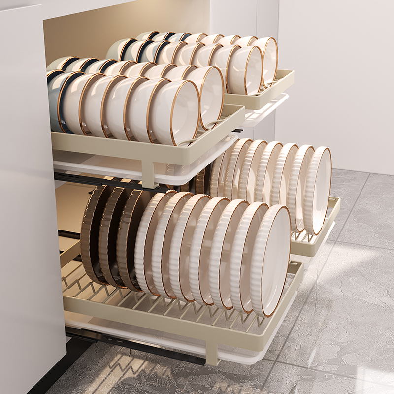 Kitchen dish rack, draining rack, built-in drawer-type dish and plate storage rack in the overall kitchen cabinet, non-drilling pull-out basket storage layer rack Item Picture