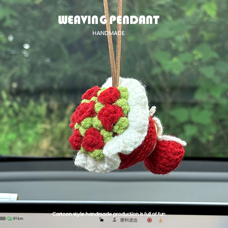 毛绒车载挂件女可爱创意手工编织毛线玫瑰花束吊饰车内后视镜挂饰