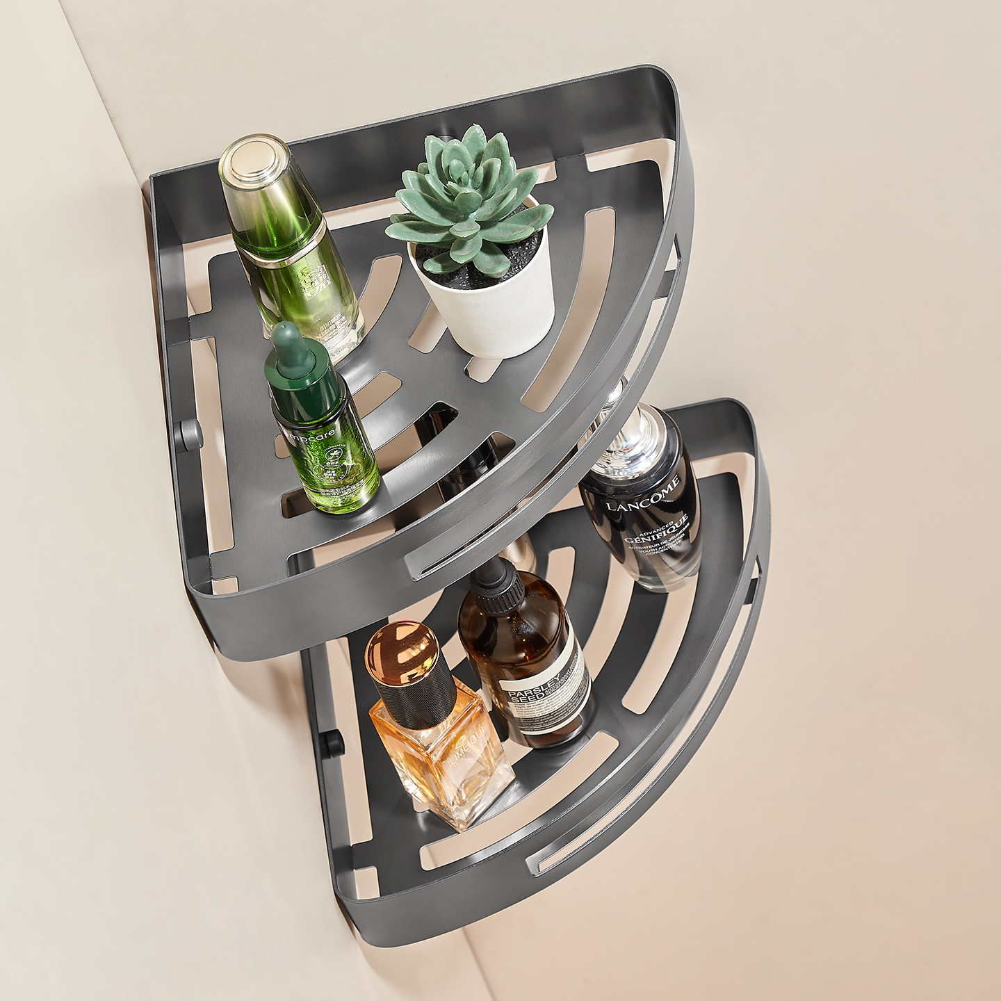 Wire drawing gun gray bathroom triangular frame, 304 stainless steel non-drilling bathroom storage corner frame, shower room corner frame Item Picture